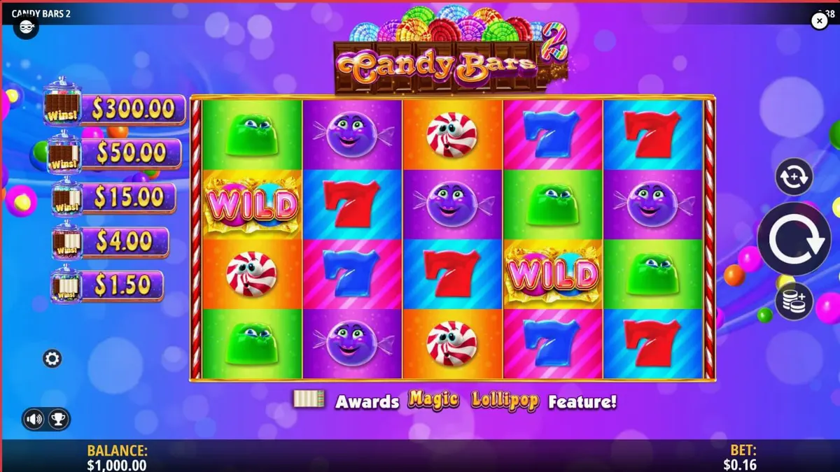 Interface vibrante do jogo de slot Candy Bars 2 com elementos de fábrica de doces