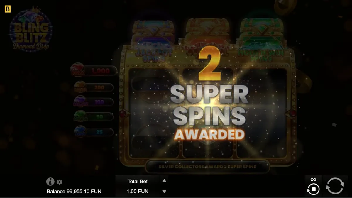 Interface luxuosa do slot Bling Blitz Diamond Drop com diamantes e moedas brilhantes